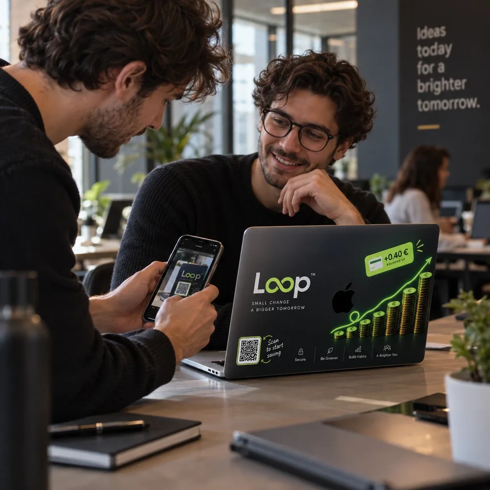Someone scanning the QR code on a laptop wearing a Loop skin