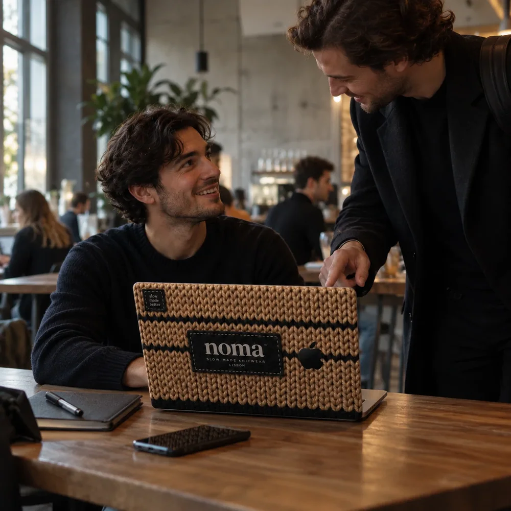 Two people talking over a laptop wearing a noma skin
