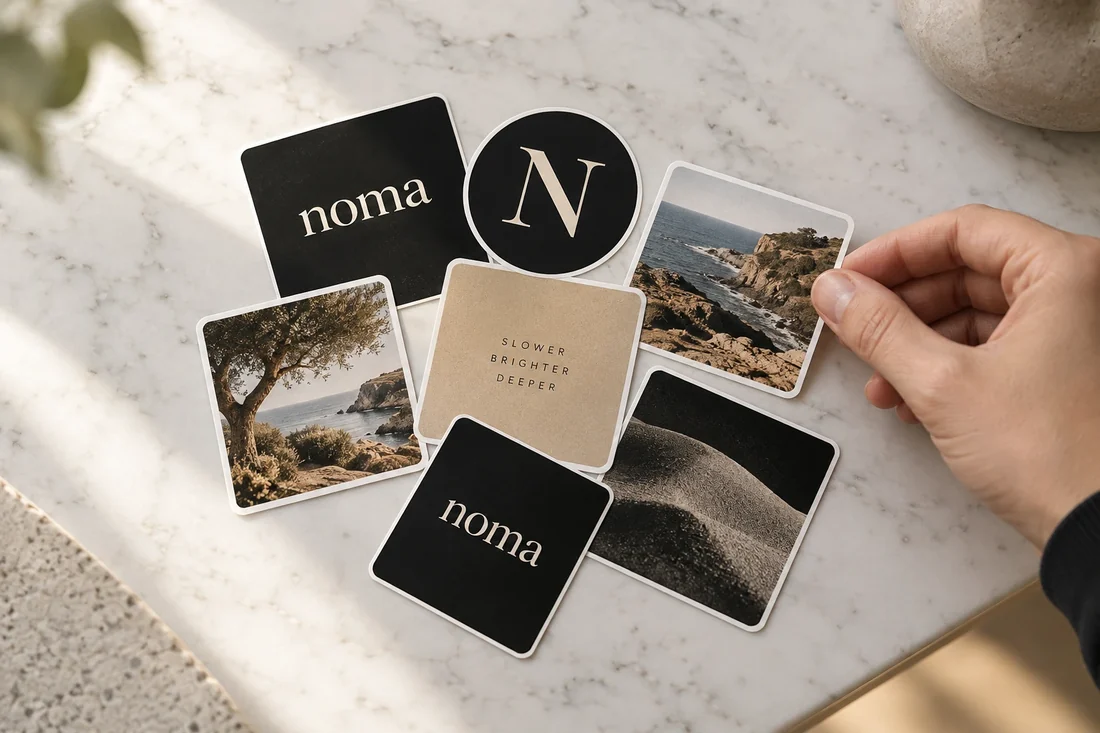 Die-cut stickers laid out on a desk